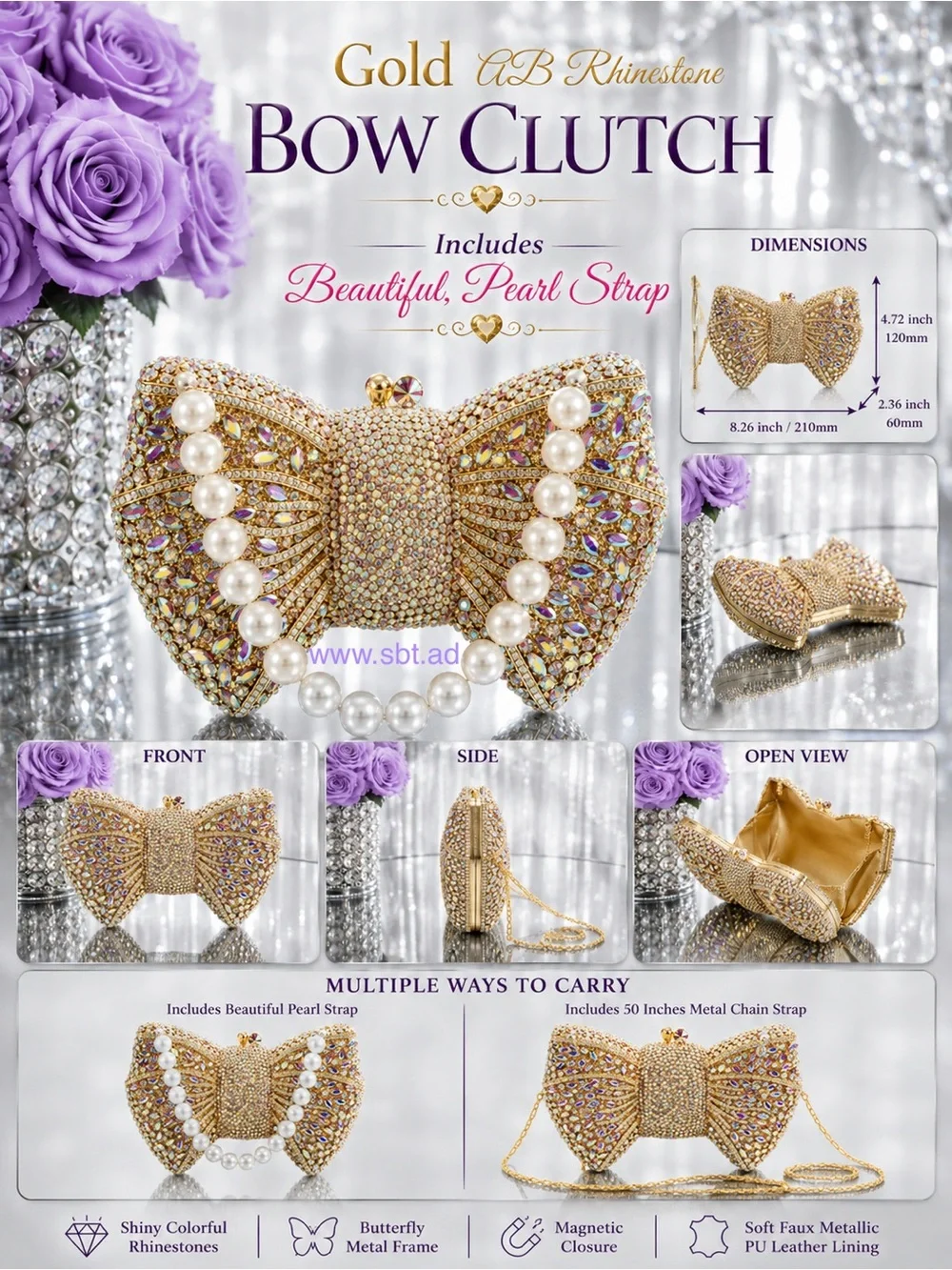 NEW Bow Clutch Purse Sparkling Bling Crystal Rhinestone Bag With Pearl Strap